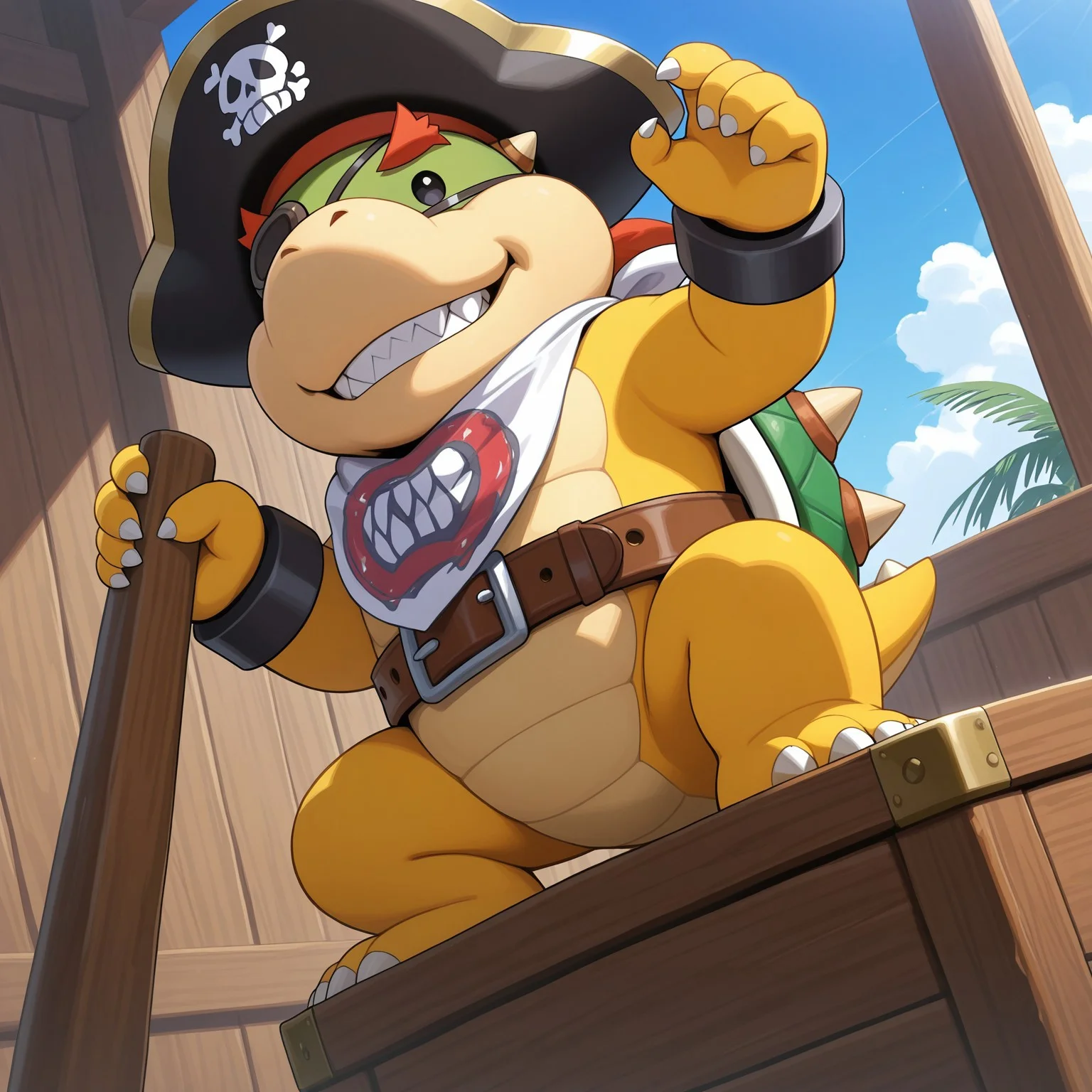 1boy, 2d, solo, Bowserjr, male, no sclera, dot eyes, red eyebrows, black pupils, shelled, green spiked shell, small tail, white neckerchief, black bracelets, scalie, yellow skin, green head, claws, toe claws, 3 toes, (pirate hat, eye patch, brown belt)

BREAK ((toothy grin)), standing on wooden crate, outside, from below, mischievous, (kneeling, looking down at viewer), sunny day

BREAK best quality, amazing quality, very aesthetic, absurdres, newest, masterpiece 