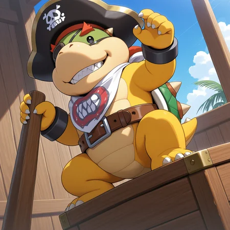 1boy, 2d, solo, Bowserjr, male, no sclera, dot eyes, red eyebrows, black pupils, shelled, green spiked shell, small tail, white neckerchief, black bracelets, scalie, yellow skin, green head, claws, toe claws, 3 toes, (pirate hat, eye patch, brown belt)

BREAK ((toothy grin)), standing on wooden crate, outside, from below, mischievous, (kneeling, looking down at viewer), sunny day

BREAK best quality, amazing quality, very aesthetic, absurdres, newest, masterpiece 
