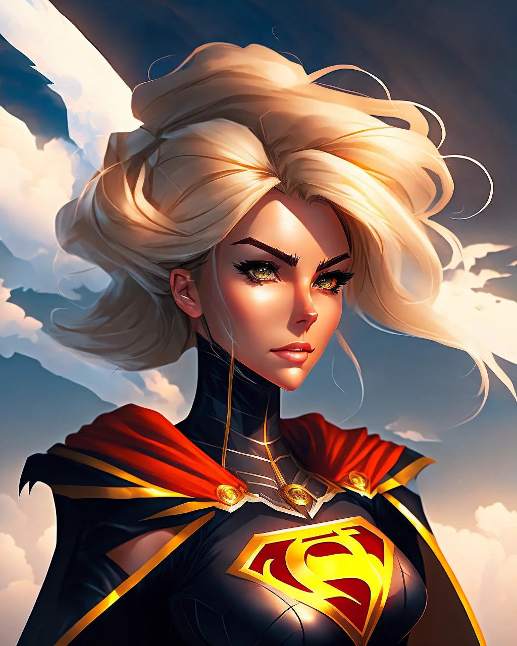 a portrait of a woman, hro, epic, full body, flying, cape, clouds