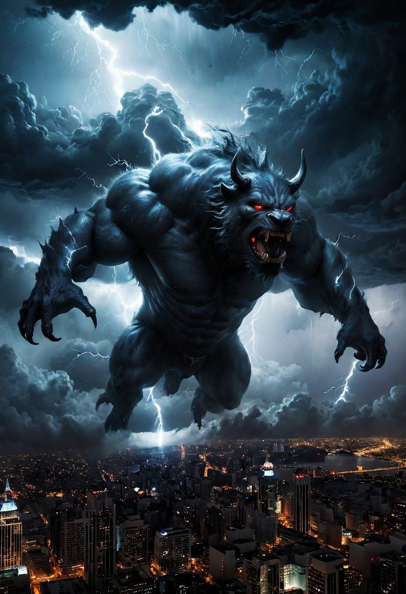 black clouds, rain, lightening, dark, night, ( beast appears from the rolling cloud), The beasts looks down as he towers above the city below,  DEVIL SPAWN