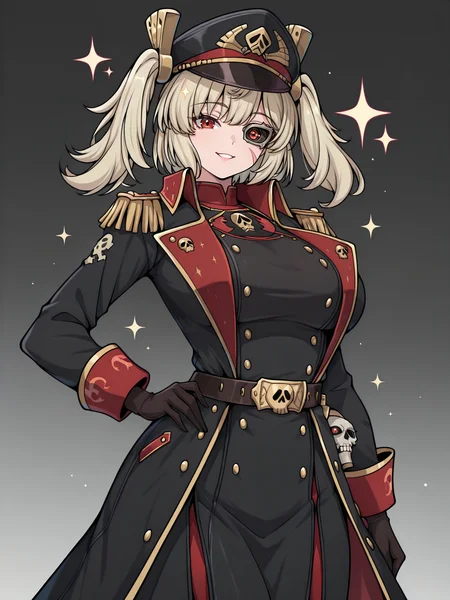 Masterpiece,best quality,1girl,long hair,solo,vector art,looking at viewer,parted lips,smile,full body,standing,
edgCommissar, long hair, looking at viewer, gloves, long sleeves, closed mouth, jacket, cowboy shot, belt, grey background, uniform, coat, black jacket, hand on hip, sparkle, black headwear, scar, epaulettes, black coat ,wearing edgCommissar,artificial eye,skull emblem,millitary uniform,
<lora:edgIllustriousXLCommissar:1>
<lora:Hoseki_ZenlessZoneZero_BurniceWhite_IllustriousXL_v1:1> brncwht, red eyes, blonde hair, medium hair, twintails, hair ornament, large breasts