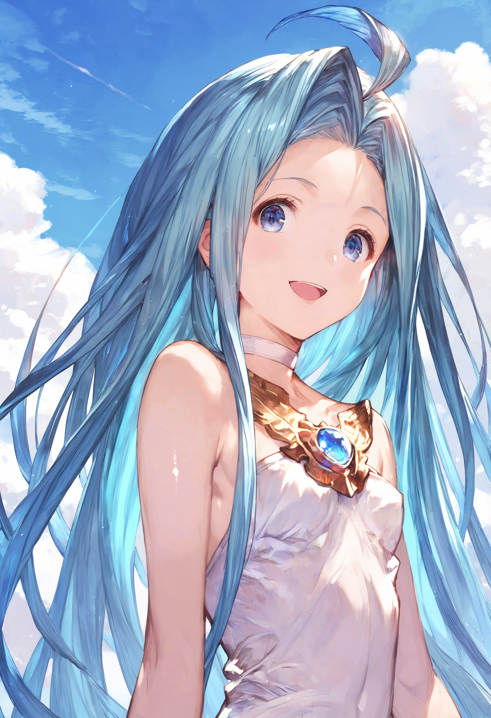 score_9, score_8_up, score_7_up,score_6_up, source_anime, best quality, aesthetic, absurdres, (artistic photograph, highly detailed:1.1), (kyoani, kyoto animation:1.1), 
scenery, (blue sky:1.2), shiny skin,
1girl, solo, smile, (clear eyes:1.2), looking at viewer, open mouth,
Lyria (Granblue Fantasy), long hair, blue hair, (skinny:1.2), small breasts, white choker, white cami-dress, bare shoulders, strapless, bridal gauntlets, miniskirt, 
(clear eyes:1.1), <lora:Lyria-Pony:0.8>  <lora:IshikePony:0.3>