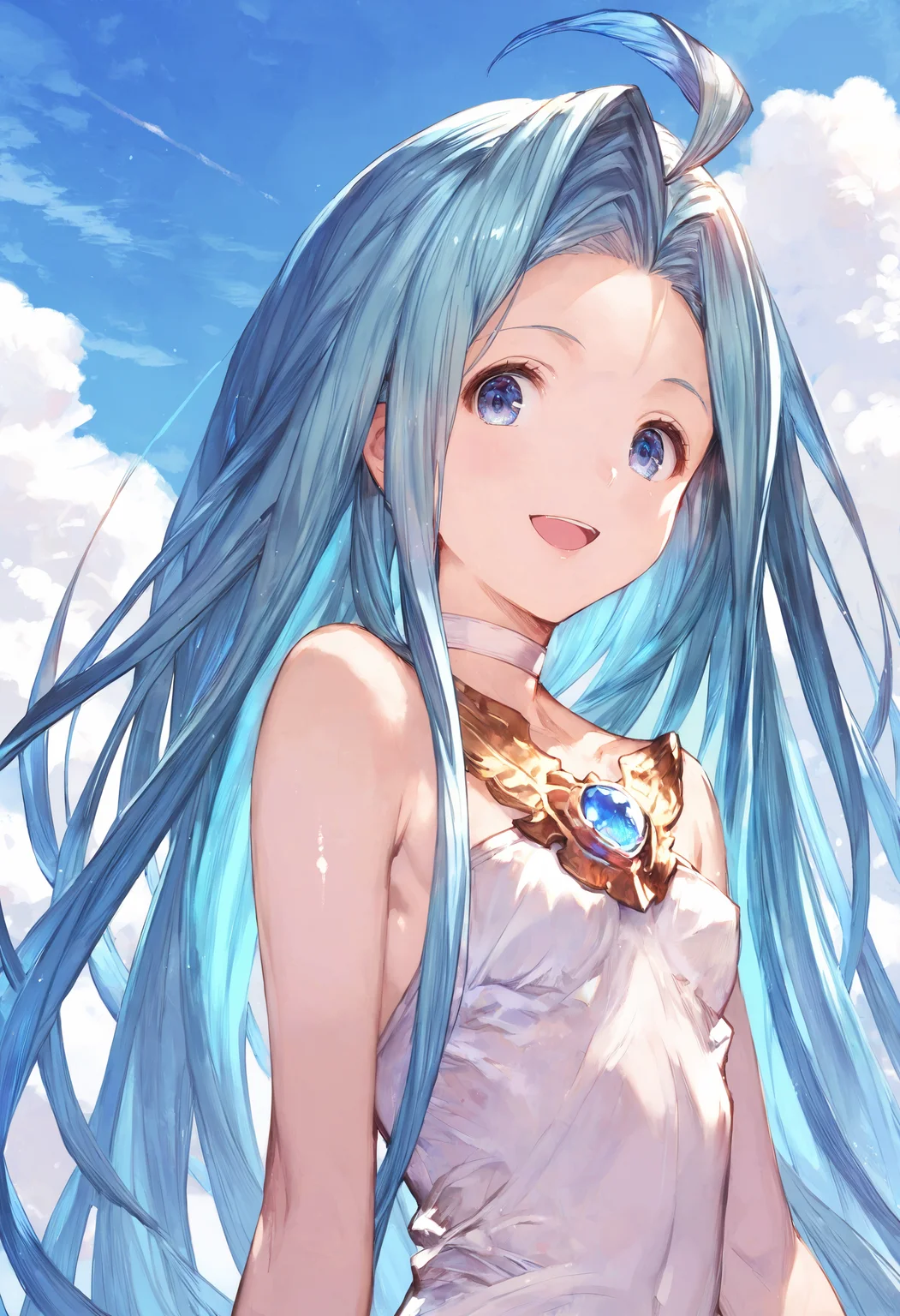 score_9, score_8_up, score_7_up,score_6_up, source_anime, best quality, aesthetic, absurdres, (artistic photograph, highly detailed:1.1), (kyoani, kyoto animation:1.1),
scenery, (blue sky:1.2), shiny skin,
1girl, solo, smile, (clear eyes:1.2), looking at viewer, open mouth,
Lyria (Granblue Fantasy), long hair, blue hair, (skinny:1.2), small breasts, white choker, white cami-dress, bare shoulders, strapless, bridal gauntlets, miniskirt,
(clear eyes:1.1), <lora:Lyria-Pony:0.8> <lora:IshikePony:0.3>