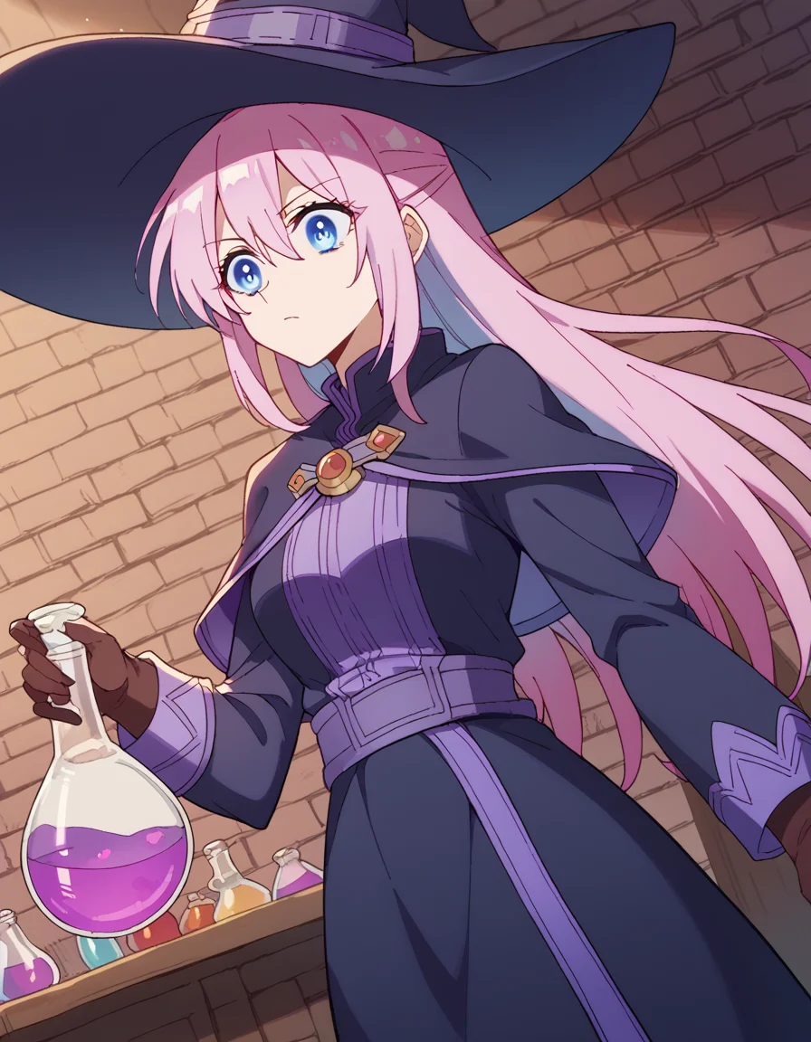 score_9, score_8_up, score_7_up, source_anime, <lora:miyako-shikimori-s1-ponyxl-lora-nochekaiser:1>, miyako shikimori, long hair, blue eyes, hair between eyes, pink hair, medium breasts,, <lora:wizard-ponyxl-lora-nochekaiser:1>, wizard, wizard hat, robe, dress, long sleeves, gloves,, indoors, bricks, potion, flask, vial,, cowboy shot,, , dutch angle, cowboy shot