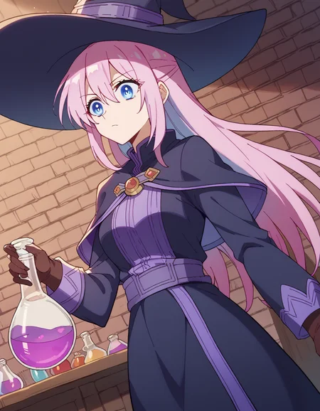 score_9, score_8_up, score_7_up, source_anime, <lora:miyako-shikimori-s1-ponyxl-lora-nochekaiser:1>, miyako shikimori, long hair, blue eyes, hair between eyes, pink hair, medium breasts,, <lora:wizard-ponyxl-lora-nochekaiser:1>, wizard, wizard hat, robe, dress, long sleeves, gloves,, indoors, bricks, potion, flask, vial,, cowboy shot,, , dutch angle, cowboy shot