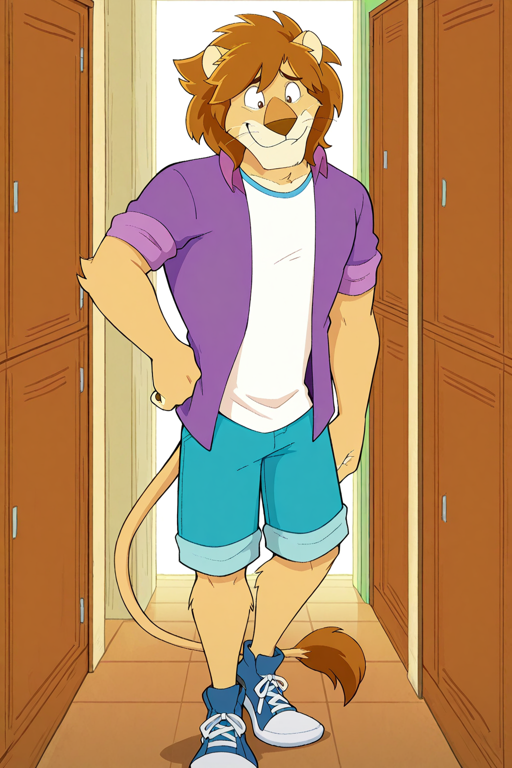 masterpiece, best quality, amazing quality, very aesthetic, 2D animation, solo, 1boy, anthro, lion, furry, golden fur, male, whiskers, brown messy hair, smiling, jacket white t-shirt, shorts, sneakers<lora:waiNSFWIllustrious_v110:1> <lora:Paddle_Pop:1>