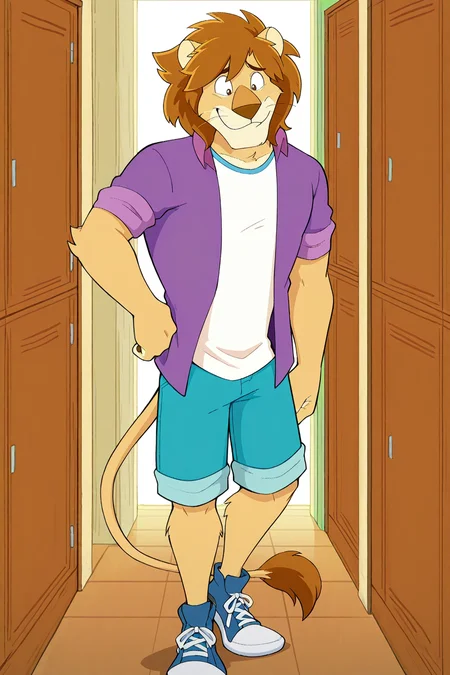 masterpiece, best quality, amazing quality, very aesthetic, 2D animation, solo, 1boy, anthro, lion, furry, golden fur, male, whiskers, brown messy hair, smiling, jacket white t-shirt, shorts, sneakers<lora:waiNSFWIllustrious_v110:1> <lora:Paddle_Pop:1>