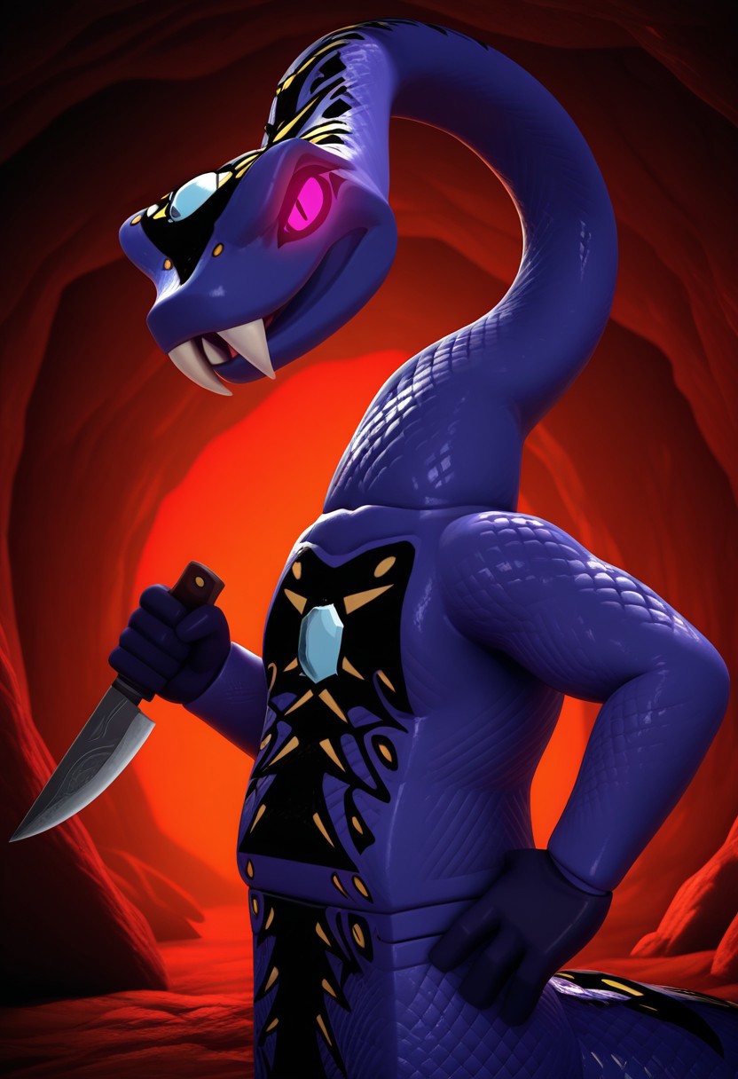 Pythor_P_Chumsworth, serpentine, snake, snake tail, long tail, no legs, apode, purple scales, light blue gem on head, light blue gem on chest, long neck, black and yellow body markings, intricate body markings, head markings, belly markings, tail markings, pointed teeth, 2 large fangs, glowing eyes, hot pink sclera, black pupils, black eyeshadow, dark purple hands, fangs, solo, male, 1boy, no humans, 3D, volumetric lighting, perfect lighting, detailed scales, shiny scales, masterpiece, best quality, amazing quality, very aesthetic, absurdres, newest, high quality, hand on hip, unamused, half lidded eyes, annoyed, looking at viewer, cave, in cave, red lighting, red backlight, knife, holding knife, close up, bust, photo, posing