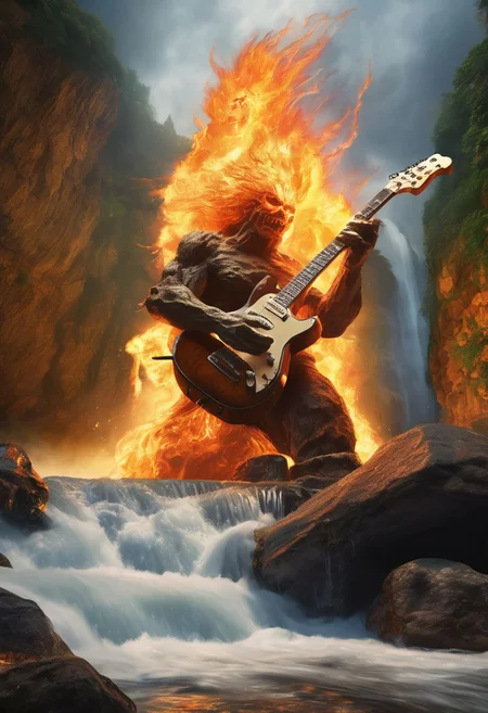 (exquisite detail)1, (perfect quality)1, (specular reflections)1, a rock golem with flaming hair and a flaming electric guitar performs a rock concert in lush waterfall with extreme wind, photo realistic