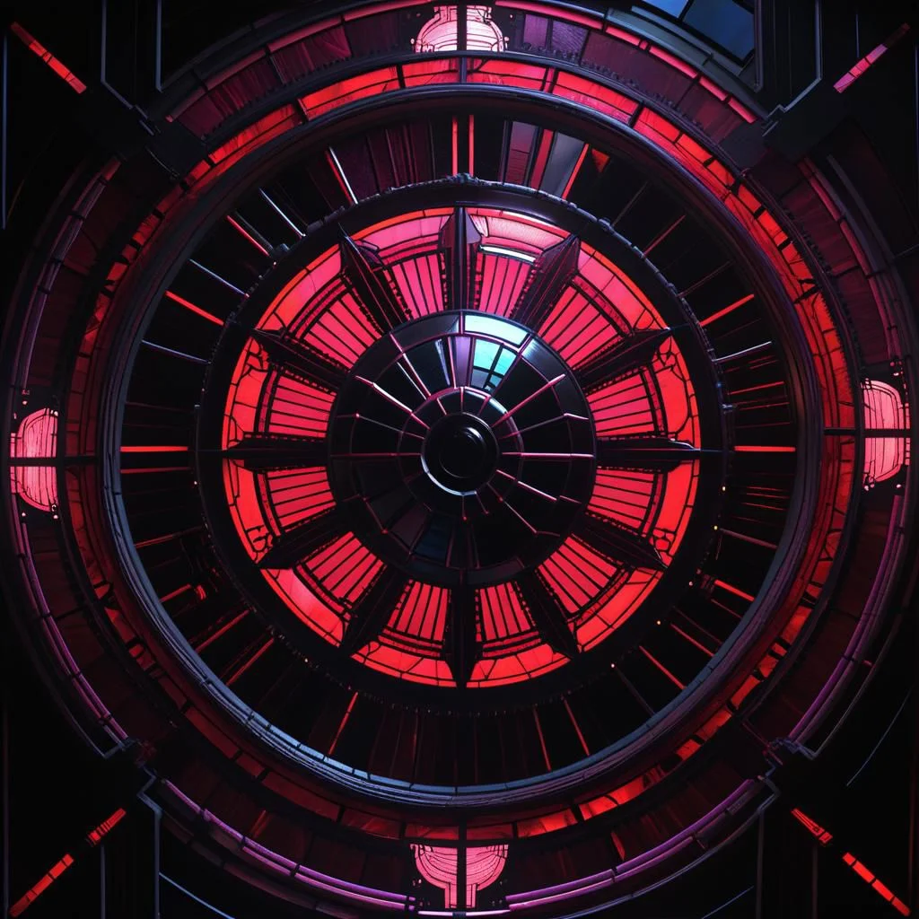 deathstar, clockwork, steampunk, stained glass, fiber optic, red neon, troncore, radial, dark futuristic, dark space background