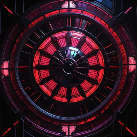 deathstar, clockwork, steampunk, stained glass, fiber optic, red neon, troncore, radial, dark futuristic, dark space background