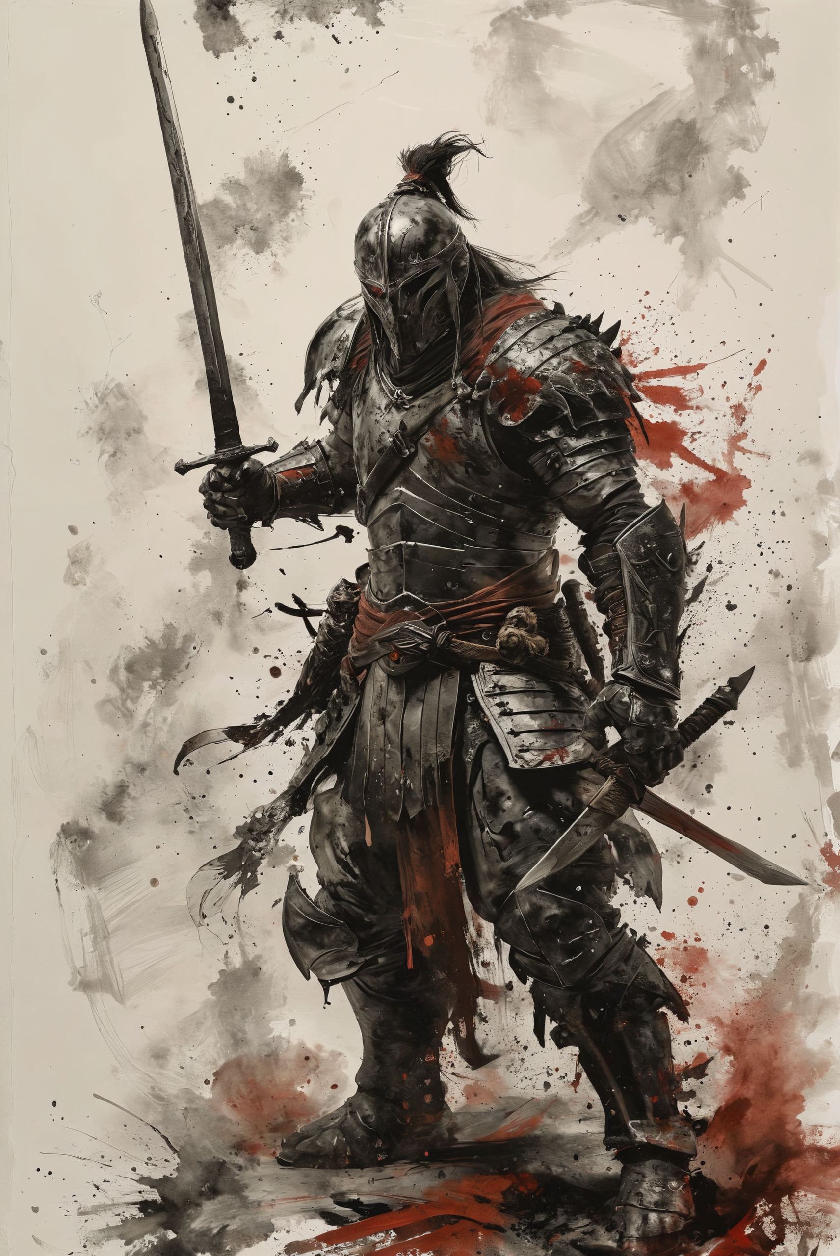 art by Antonio J Manzanedo. dark fantasy warrior standing battle-ready with a drawn sword in hand. black and white but deep red. white background
<lora:add-detail-xl:2>  <lora:MJ52:0.5>  <lora:ink-style_A3.1_XL:0.66> (ink-style, ink_wash_painting),