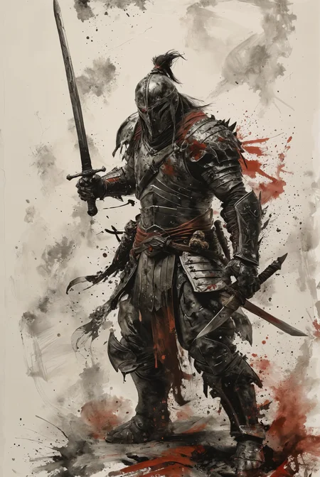 art by Antonio J Manzanedo. dark fantasy warrior standing battle-ready with a drawn sword in hand. black and white but deep red. white background
<lora:add-detail-xl:2>  <lora:MJ52:0.5>  <lora:ink-style_A3.1_XL:0.66> (ink-style, ink_wash_painting),