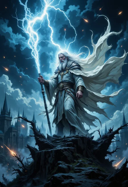 DGC style digital illustration, Magic style,
Close-up. An epic and haunting scene of Gandalf the White, captured in the midst of battle during the Siege of Minas Tirith. He stands fearlessly on the city's battlements, his magnificent white robes and flowing cloak fluttering in the wind. His gleaming white staff casts a blinding light, cutting through the darkness of the battlefield below. His silver hair and beard flow like a mane, and his piercing eyes glow with a fierce, unyielding determination. Around him, the chaos of battle unfolds - orcs swarm the city walls, catapults hurl flaming missiles, and lightning cracks the dark sky.
