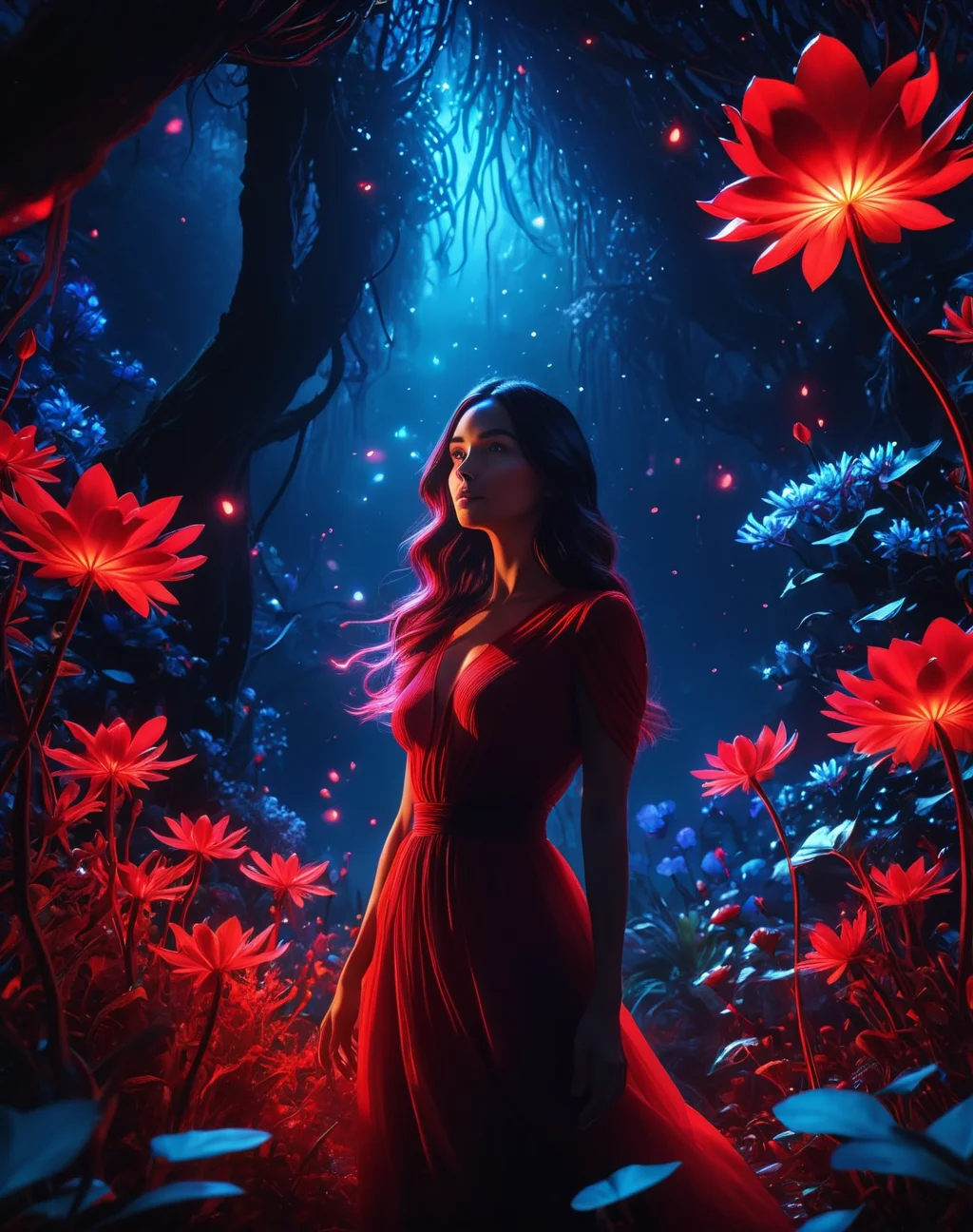 <lora:Dark_Aura_XL_-_Filled_with_miasma:1> dark aura,  dynamic angle, 8K, red, HD, visually stunning scene featuring a captivating woman surrounded by an enchanting garden of surreal, bioluminescent flowers in an otherworldly twilight setting
