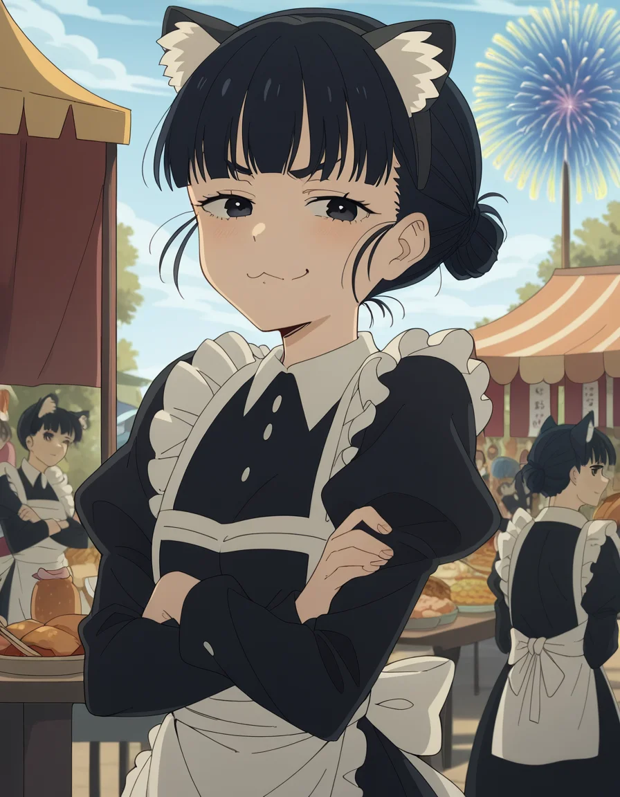 score_9, score_8_up, score_7_up, source_anime, <lora:tiara-basori-s1-ponyxl-lora-nochekaiser:1>, tiara basori, bangs, black hair, hair bun, black eyes, single hair bun,, skirt, long sleeves, animal ears, puffy sleeves, cat ears, apron, black dress, maid, fake animal ears, juliet sleeves, maid apron, festival, fireworks, summer night, food stall, traditional, arms up,, , looking at viewer, crossed arms, smug, solo,, cowboy shot, dutch angle