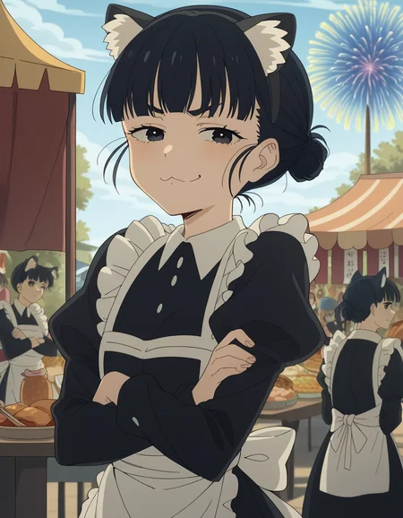 score_9, score_8_up, score_7_up, source_anime, <lora:tiara-basori-s1-ponyxl-lora-nochekaiser:1>, tiara basori, bangs, black hair, hair bun, black eyes, single hair bun,, skirt, long sleeves, animal ears, puffy sleeves, cat ears, apron, black dress, maid, fake animal ears, juliet sleeves, maid apron, festival, fireworks, summer night, food stall, traditional, arms up,, , looking at viewer, crossed arms, smug, solo,, cowboy shot, dutch angle