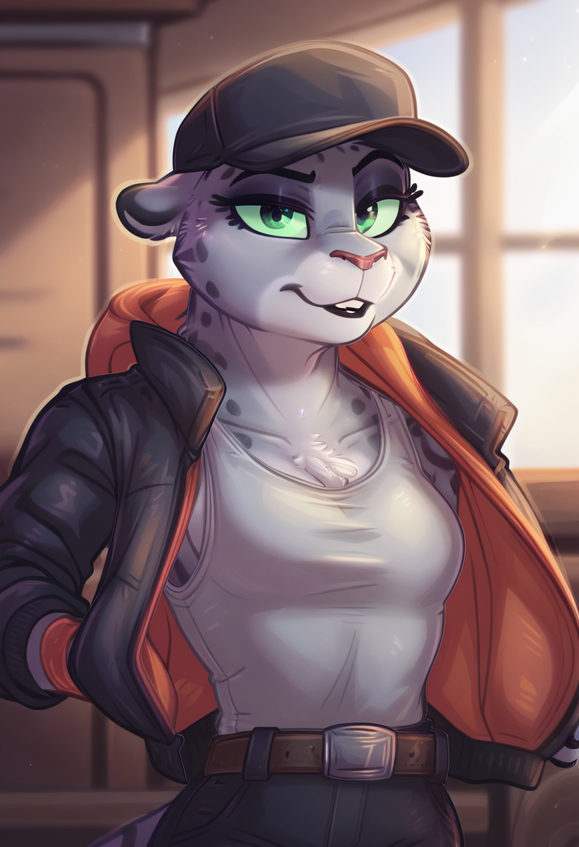 zPDXL, score_9_up, score_8_up,_7_up, score_6_up, score_5_up, score_4_up ,source_furry, best quality, amazing quality, masterpiece, 1girl, looking at viewer, solo, indoor,  close, upper body, warehouse, abandoned warehouse, sun rays breaking through the roof, kitty kat, snow leopard, grey fur, green eyes, black jacket, tank top, black cap, black pants,  black boots, belt, tail, boobs, <lora:KittyKat:0.8>, dimwitdog, <lora:dimwitdog:1>