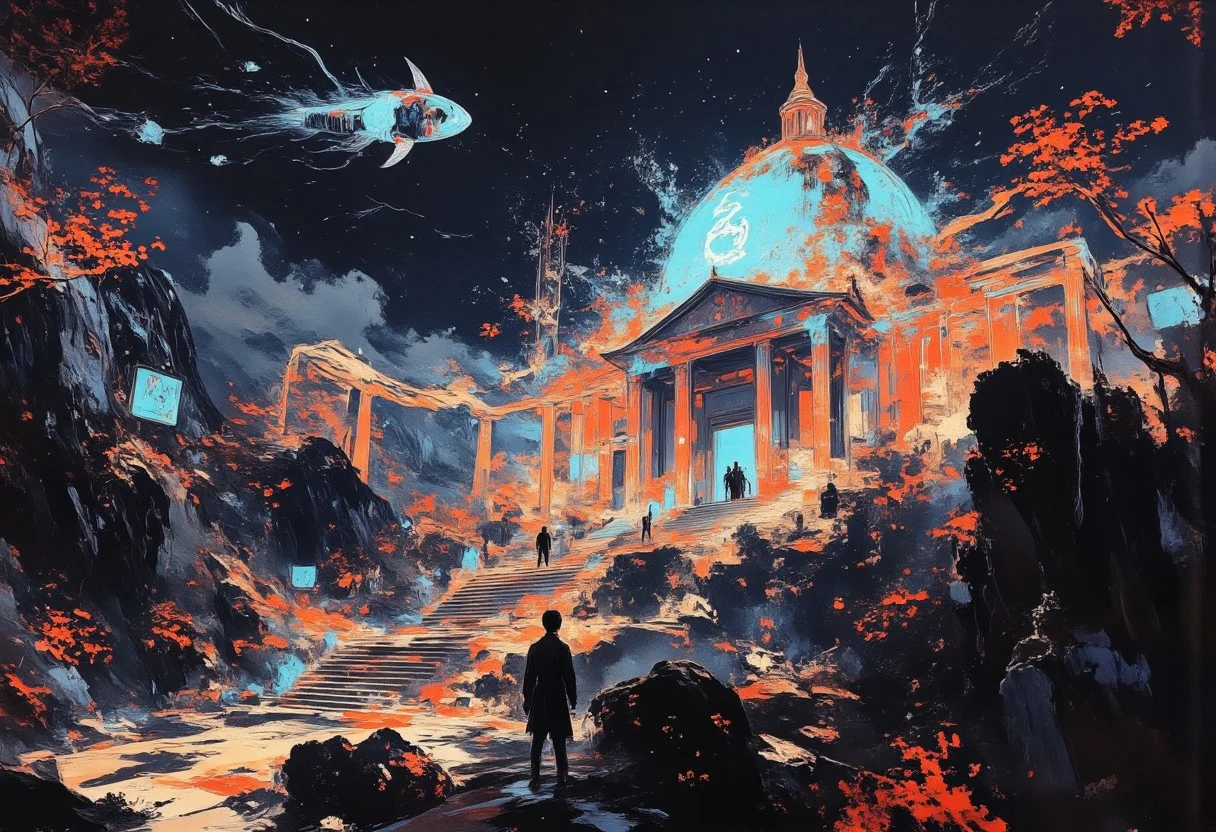 An intricate, high-contrast Shinto shrine nestled in misty mountain terrain at sunset. A long staircase with tori gates ascends through rocky woodland towards the shrine, depicted in a busy vector cartoon illustration with refulgent, hyphae-like, indigo blue, galactic elements in a British comic style. Features an exhausted, romantic, mystifying, rapid-fire, concave conceptual futuristic gothic hardsurface device design on a table, within a moody repair shop aesthetic by California, set in dystopian and surreal surroundings. The U.S. Capitol Building is reimagined as the futuristic headquarters of the Weyland-Yutani Corporation. Classical architecture blends seamlessly with sleek, technological enhancements, creating a cyberpunk aesthetic. The dome displays the glowing Weyland-Yutani logo, signifying corporate dominance. Neon corporate advertisements illuminate the night sky, contrasting with the landmark's metallic marble facade and transparent aluminum windows. Durable, synthetic materials reinforce the columns. Aerial vehicles streak across the image, while a colossal holographic dragonfly spaceship hovers above. The grounds are a bustling hub of robotic workers and augmented reality users. The scene juxtaposes the past and present, symbolizing corporate power intertwined with political history, redefining the skyline. aidmamj6.1, TOK, In the style of ff-td, pscho_4rt