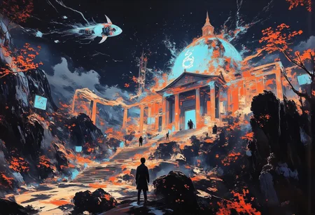 An intricate, high-contrast Shinto shrine nestled in misty mountain terrain at sunset. A long staircase with tori gates ascends through rocky woodland towards the shrine, depicted in a busy vector cartoon illustration with refulgent, hyphae-like, indigo blue, galactic elements in a British comic style. Features an exhausted, romantic, mystifying, rapid-fire, concave conceptual futuristic gothic hardsurface device design on a table, within a moody repair shop aesthetic by California, set in dystopian and surreal surroundings. The U.S. Capitol Building is reimagined as the futuristic headquarters of the Weyland-Yutani Corporation. Classical architecture blends seamlessly with sleek, technological enhancements, creating a cyberpunk aesthetic. The dome displays the glowing Weyland-Yutani logo, signifying corporate dominance. Neon corporate advertisements illuminate the night sky, contrasting with the landmark's metallic marble facade and transparent aluminum windows. Durable, synthetic materials reinforce the columns. Aerial vehicles streak across the image, while a colossal holographic dragonfly spaceship hovers above. The grounds are a bustling hub of robotic workers and augmented reality users. The scene juxtaposes the past and present, symbolizing corporate power intertwined with political history, redefining the skyline. aidmamj6.1, TOK, In the style of ff-td, pscho_4rt