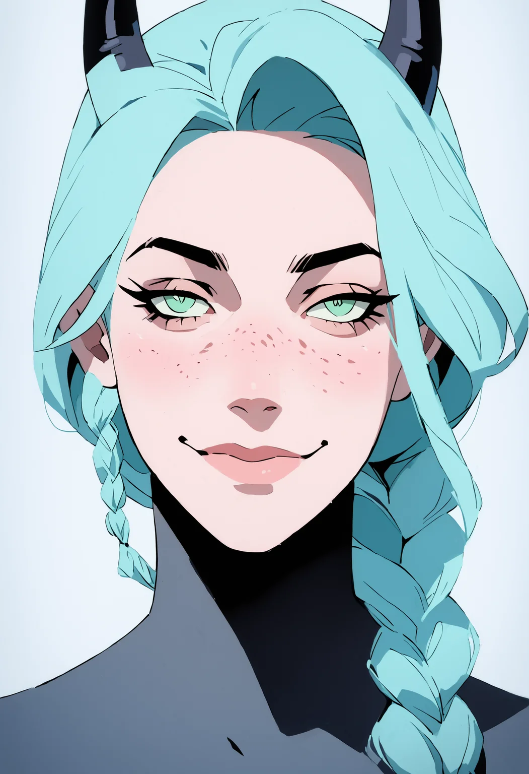 score_9, score_8_up, score_7_up, portrait, closeup, 1girl, dreamy eyes, ((devil horns)), mint blue hair, braided ponytail, freckles, light smile, half closed eyes,
<lora:scav3ngersV4_epoch_2:1.8>