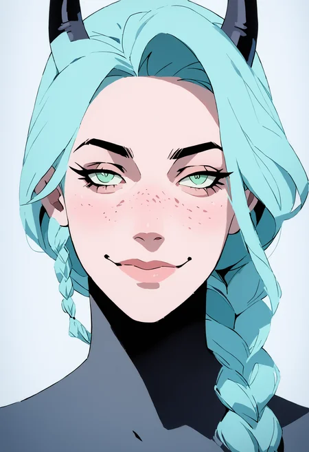 score_9, score_8_up, score_7_up, portrait, closeup, 1girl, dreamy eyes, ((devil horns)), mint blue hair, braided ponytail, freckles, light smile, half closed eyes,
<lora:scav3ngersV4_epoch_2:1.8>