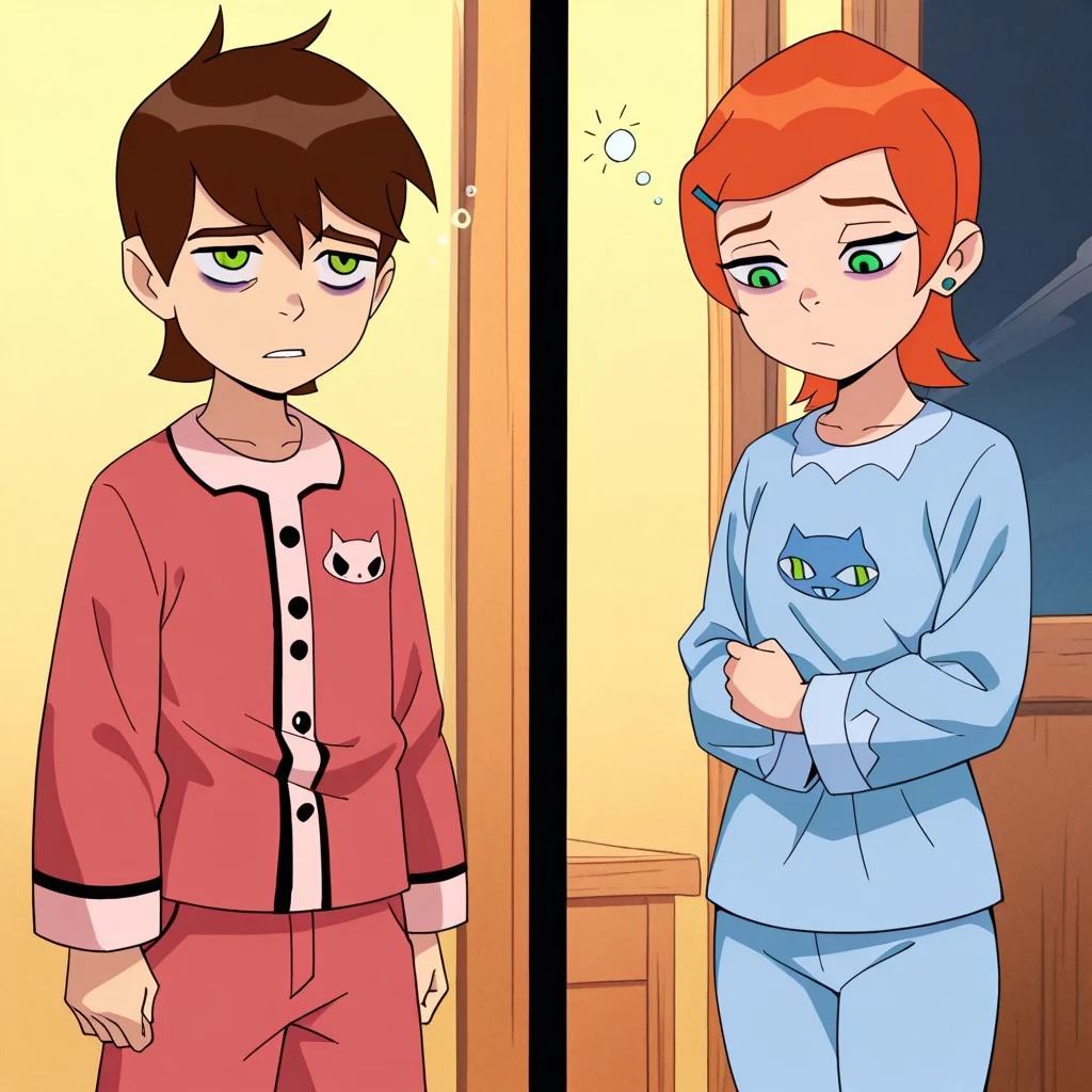 masterpiece, best quality, ben_w_gwen, (1boy, ben_t, brown hair, green eyes ), break, (1girl, gwen_t, orange hair,green eyes),both wearing ,blue print pajamas,sleepy, bags under eyes,red pyjamas,tired