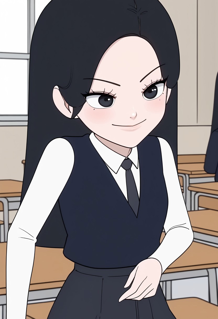 score_9, score_8_up, score_7_up, source_anime , deep skin,, high quality, highres, , 1girl, solo, SeraKiaeker, black hair, solo, black eyes, white shirt, long sleeves, dark blue vest, black skirt, school uniform, collared shirt, dark brown kneehighs, black necktie, smile, classroom