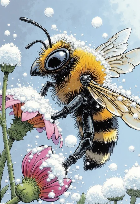 Illustration by Jean-Claude Mézières of a bee perched on a frosty flower during a snowfall. The bee’s fuzzy body is coated with tiny, delicate snowflakes and glistening ice crystals, each displaying intricate and unique patterns against its golden and black stripes. Its partially frozen wings catch the diffused, cool light, creating faint reflections, while the fine hairs and segmented legs gripping the icy flower are sharply defined. Snowflakes are captured mid-air, tumbling gently, with a few settled on the petals and the bee, adding to the wintry ambiance.
The flower, lightly encased in frost, reveals vibrant hints of its natural color beneath the icy coating, with fine veins and textures visible under the soft lighting. The background is softly blurred, fading into muted whites and pale blues to evoke a serene, snowy setting. The lighting is diffused and cold, enhancing the frosty textures and casting gentle highlights on the snowflakes and ice. This composition captures the resilience and delicate beauty of the bee amidst the tranquil yet harsh winter landscape, blending vibrant detail with the stillness of a snow-covered scene.