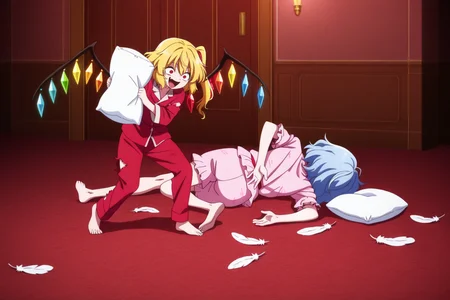 masterpiece,best quality, vivid colors, <lora:anime_screencap-IL v-pred:1>, anime screencap, anime coloring, 2girls, mansion bedroom, white feathers in the air, torn pillows on floor, pillow fight, medium long shot BREAK flandre_scarlet, touhou, 1girl, blonde_hair, red_eyes, red pajamas, crazy eyes, holding pillow, laughing, standing behind other person, looking at other person BREAK <lora:meme_familyguydeathpose_illustriousXL:1.5>, full body, from behind, lying, on side, facing away, arms behind back, knee up, remilia_scarlet, touhou, 1girl, blue_hair, pink pajamas, on floor,