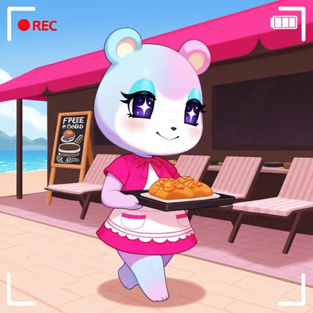 best quality, masterpiece, Full Body, Romantic, Small, Body, Furry, judyac, animal crossing, 1girl, solo, furry, bear, two-tone fur, light pink fur, light blue fur, white muzzle, purple eyes, star pupil, blush, blue eyeshadow, pink dress, beach, restaurants, serving food, carry tray, walking, outside lobby, board walk, beach chair, beach table, umbrella, recording, sign of buzz, sign said buzz sign writing say buzz, smile, holding a sign, sign said " free_buzz_food", writing buzz