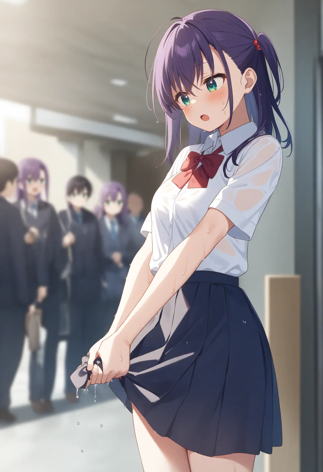 1girl,sincos, ningen mame, toosaka asagi,solo,medium breasts,school uniform,
wringing skirt,<lora:wringingskirt_XL_v1:0.8>
standing, wet clothes, wet hair, wet skirt,
ceiling, panorama shot, looking away, purple hair, green eyes,confused, crowd, open mouth, curly hair,,
best quality, very aesthetic, absurdres