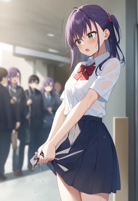 1girl,sincos, ningen mame, toosaka asagi,solo,medium breasts,school uniform,
wringing skirt,<lora:wringingskirt_XL_v1:0.8>
standing, wet clothes, wet hair, wet skirt,
ceiling, panorama shot, looking away, purple hair, green eyes,confused, crowd, open mouth, curly hair,,
best quality, very aesthetic, absurdres