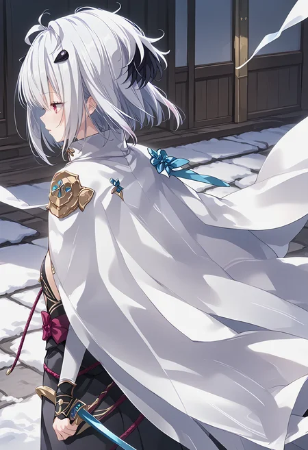 <lora:STageha_Pv2:1> skagha, 1girl, white hair, short hair, high quality, white cape,