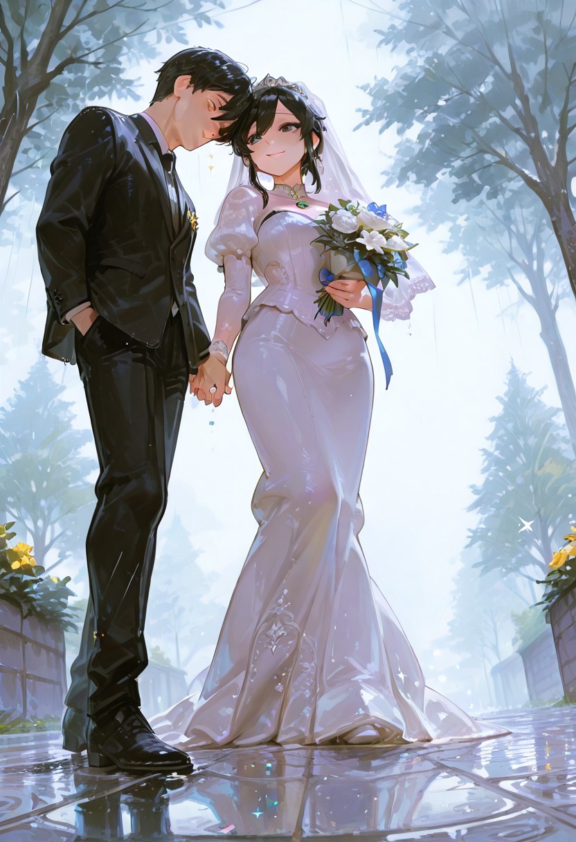 4K, finely detailed, masterpiece, intricate details, beautiful detailed, delicate, best quality, a bride and groom walking together on a rainy pavement , full body, looking at the camera, smiling, happy, shy, holding hands, 1girl, 1boy, wedding dress, dress, flower, holding bouquet, veil, bridal veil, outdoors, dynamic angle, shot from below, formal, suit, rain, tree, puddle, black hair, romantic, negative_hand, close-up,crystal, eye focus, gem,sparkle, star \(symbol\), usnr, 748cmstyle