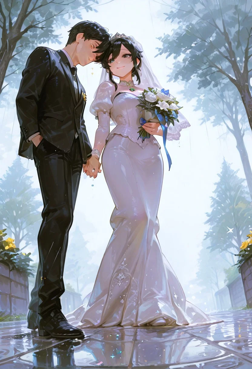 4K, finely detailed, masterpiece, intricate details, beautiful detailed, delicate, best quality, a bride and groom walking together on a rainy pavement , full body, looking at the camera, smiling, happy, shy, holding hands, 1girl, 1boy, wedding dress, dress, flower, holding bouquet, veil, bridal veil, outdoors, dynamic angle, shot from below, formal, suit, rain, tree, puddle, black hair, romantic, negative_hand, close-up,crystal, eye focus, gem,sparkle, star \(symbol\), usnr, 748cmstyle