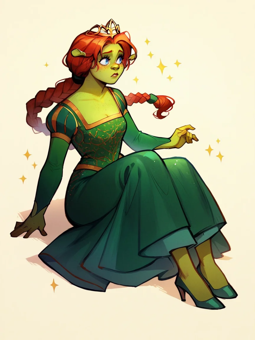 score_9, score_8_up, score_7_up, score_6_up, score_5_up, <lora:FionaXLP:1> fiona, 1girl, red hair, braid, green dress, blue eyes, crown, full body, ogre, green skin, freckles, high heels,