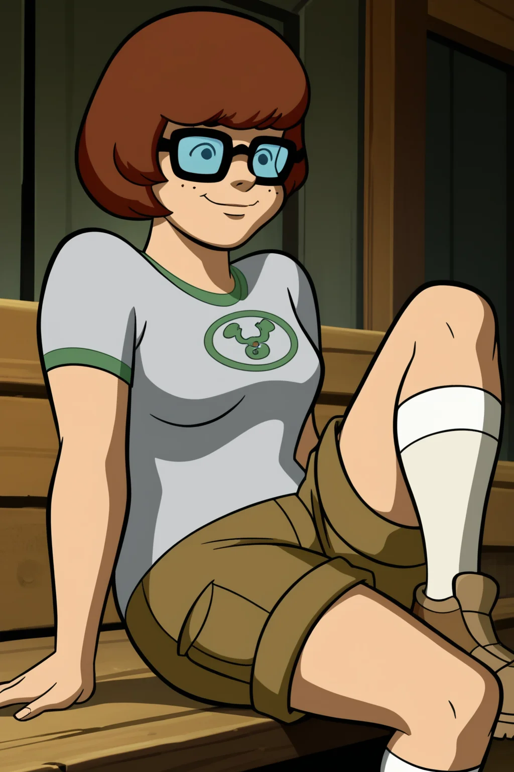 score_9, score_8_up, score_7_up, score_6_up, score_5_up, score_4_up, BREAK, <lora:Velma:1>, 1girl, Velma, brown hair, black eyes, no sclera, glasses, grey shirt, white kneehighs, shorts, brown shoes, sitting, one leg bent, smiling, closed mouth