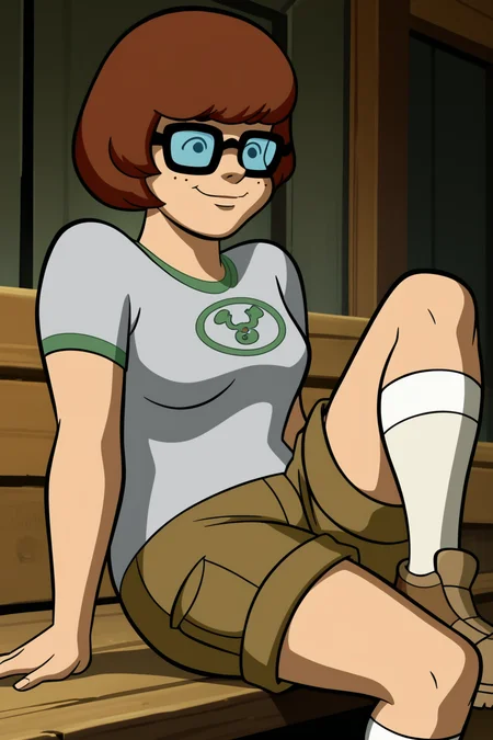 score_9, score_8_up, score_7_up, score_6_up, score_5_up, score_4_up, BREAK, <lora:Velma:1>, 1girl, Velma, brown hair, black eyes, no sclera, glasses, grey shirt, white kneehighs, shorts, brown shoes, sitting, one leg bent, smiling, closed mouth