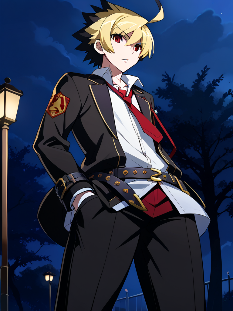 1boy, solo, hydeuni, spiked hair, two-tone hair, multicolored hair, blonde hair, black hair, ahoge, red eyes, black jacket, white shirt, collared shirt red shirt, layered clothes, red necktie, belt, black pants, school uniform, outdoors, night, hands on pockets, parted lips, looking at viewer, dutch angle, from below