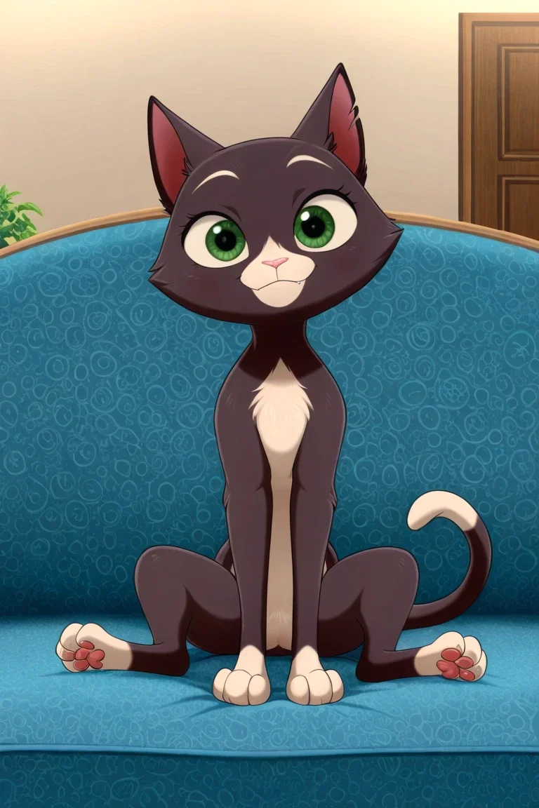 masterpiece, best quality, amazing quality, very aesthetic, high resolution, absurdres, newest, lonbluewolf BREAK m1ttens, solo, looking at viewer, happy, smile, cat, green eyes, sitting, on couch, indoors, living room