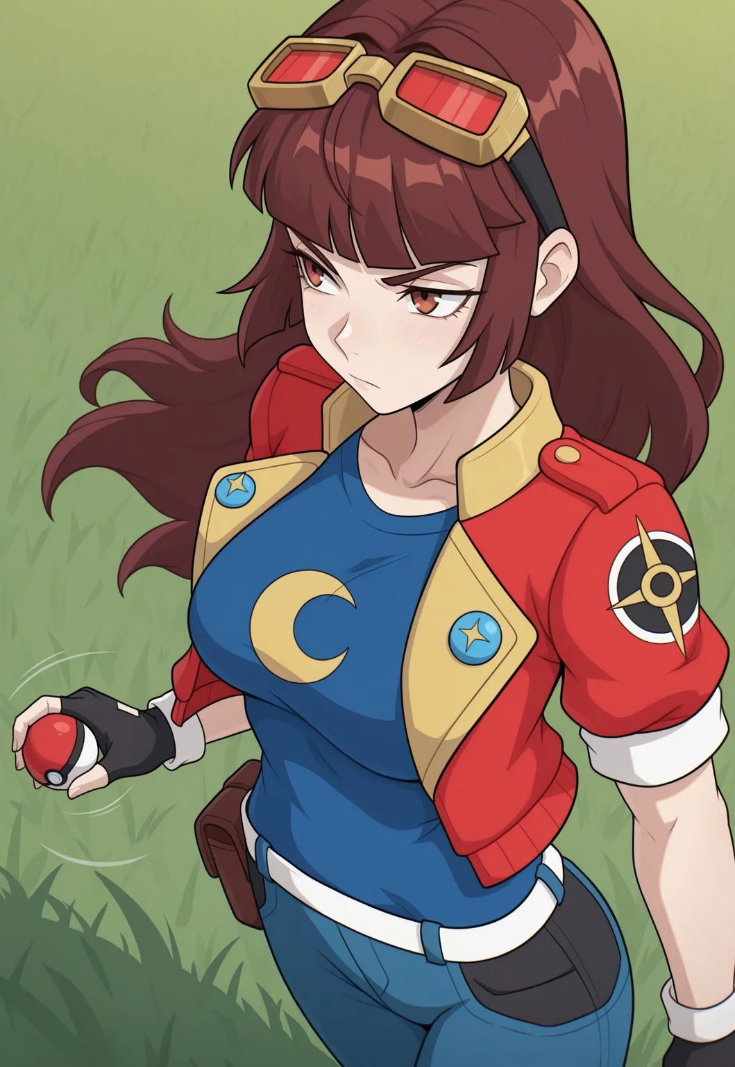 masterpiece, best quality, newest, absurdres, highres, luna-utopus, long hair, brown hair, brown eyes, blunt bangs, fingerless gloves, red jacket, eyewear on head, black gloves, open jacket, cropped jacket, goggles on head, blue shirt, crescent on shirt, short sleeves, solo, alone, outside, grass field, serious look, throwing pokeball, throwing motion