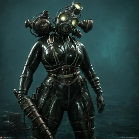1female,(, lilto, bioshock scuba,bioshockstyle), big daddy bioshock, photorealistic, best quality , 8k, intricate, ultra detailed, nice background, (ziprealism)