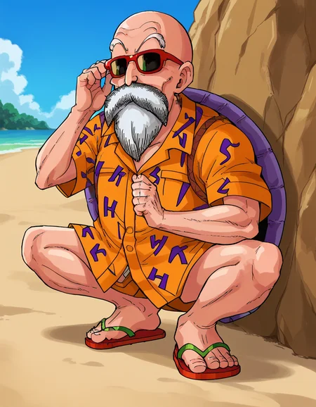 score_9, score_8_up, score_7_up,
roshixl, solo, squatting, peeking, simple background, 1boy, male focus, sandals, sunglasses, beach,sky, red-framed eyewear, hawaiian shirt, shell,
<lora:roshi:1>