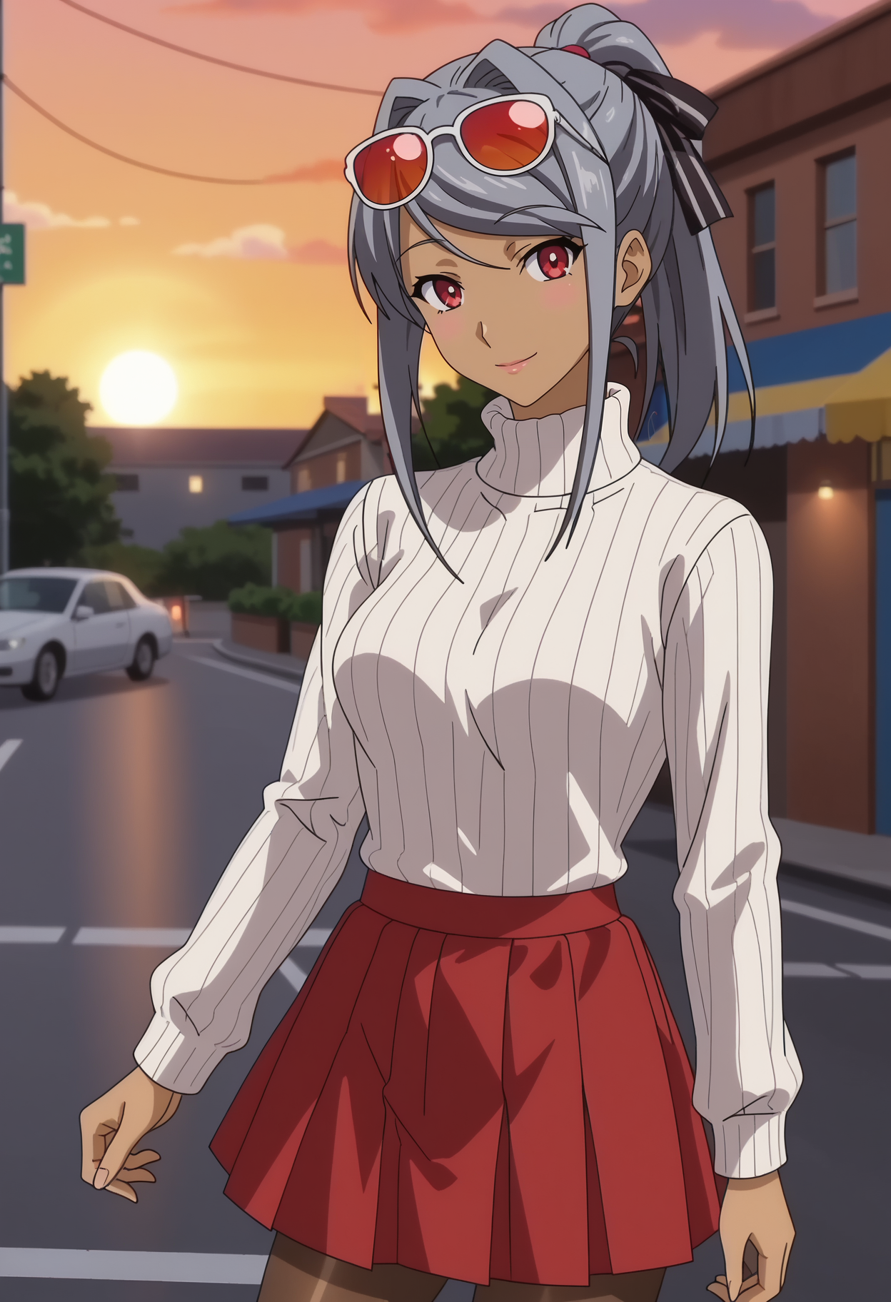 score_7_up, anime screencap,
<lora:HaremTime_YukieXL:0.9>,
1girl, solo, light smile, sunglasses, eyewear on head,
YukieHT, dark skin, ponytail, grey hair, red eyes, hair ribbon, black ribbon,
turtleneck sweater, ribbed sweater, white sweater, long sleeves, pleated skirt, red skirt, pantyhose,
standing, looking at viewer, thigh gap, cowboy shot,
blurry background, sunset, evening, street