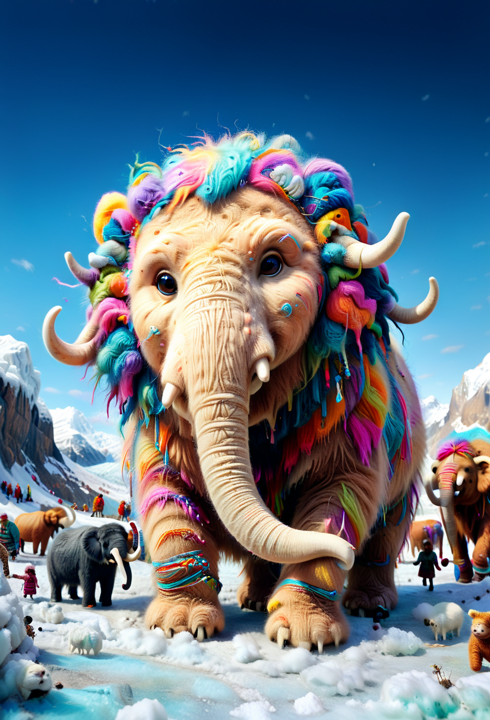 <lora:Yarnworld:1> cute, colorful, vivid and whimsical, imaginative, surreal fantasy,  An epic image of a yrnwrld wooly Mammoth during an Ice Age, ((dynamic angle, dynamic view, dutch angle)), blurred background, 
<lora:add-detail-xl:1> ,   <lora:Flux-style-xl-lora:0.65> flux-style, <lora:aidmaImageUpgraderSDXL-v0.3:0.75> aidmaimageupgrader,     <lora:xl_more_art-full_v1:1>