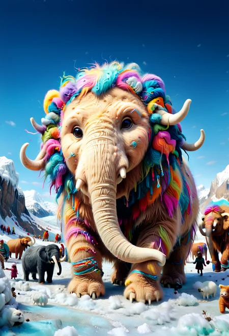 <lora:Yarnworld:1> cute, colorful, vivid and whimsical, imaginative, surreal fantasy, An epic image of a yrnwrld wooly Mammoth during an Ice Age, ((dynamic angle, dynamic view, dutch angle)), blurred background,
<lora:add-detail-xl:1> , <lora:Flux-style-xl-lora:0.65> flux-style, <lora:aidmaImageUpgraderSDXL-v0.3:0.75> aidmaimageupgrader, <lora:xl_more_art-full_v1:1>