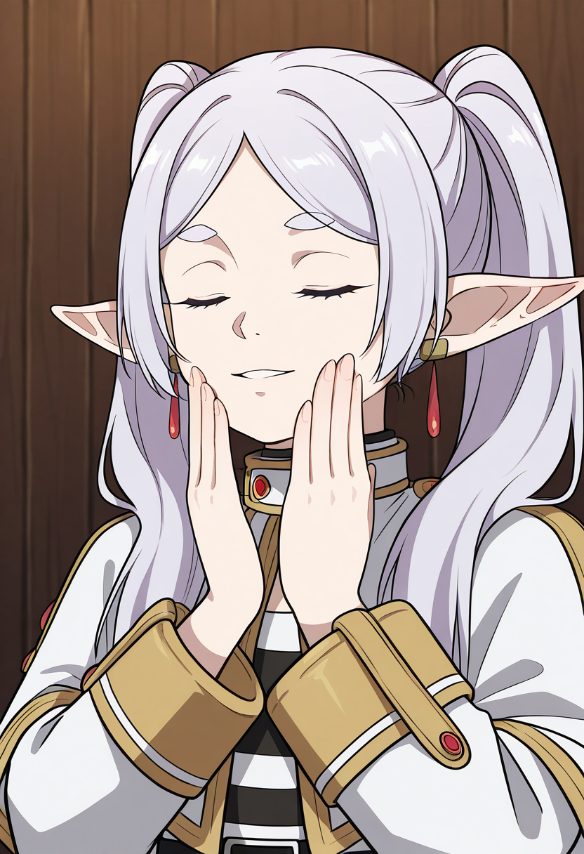 masterpiece, high quality, f33lsg00d, 1girl, solo, frieren, hands on own face, closed eyes, parted lips, light smile, upper body,