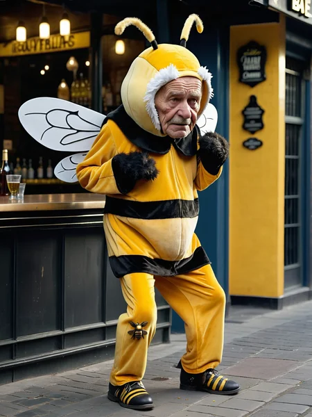A poor old man wearing a full body bee mascot costume does a sad dance on the sidewalk in front of a bar. Fake antennae on his head, wings on his back. Ragged, torn, clothes and shoes. Sorrow, depression, regret, loss. photography. f/8 photo. 8k, photorealistic, photorealism, ultra-detailed, accurate hands, perfect hands