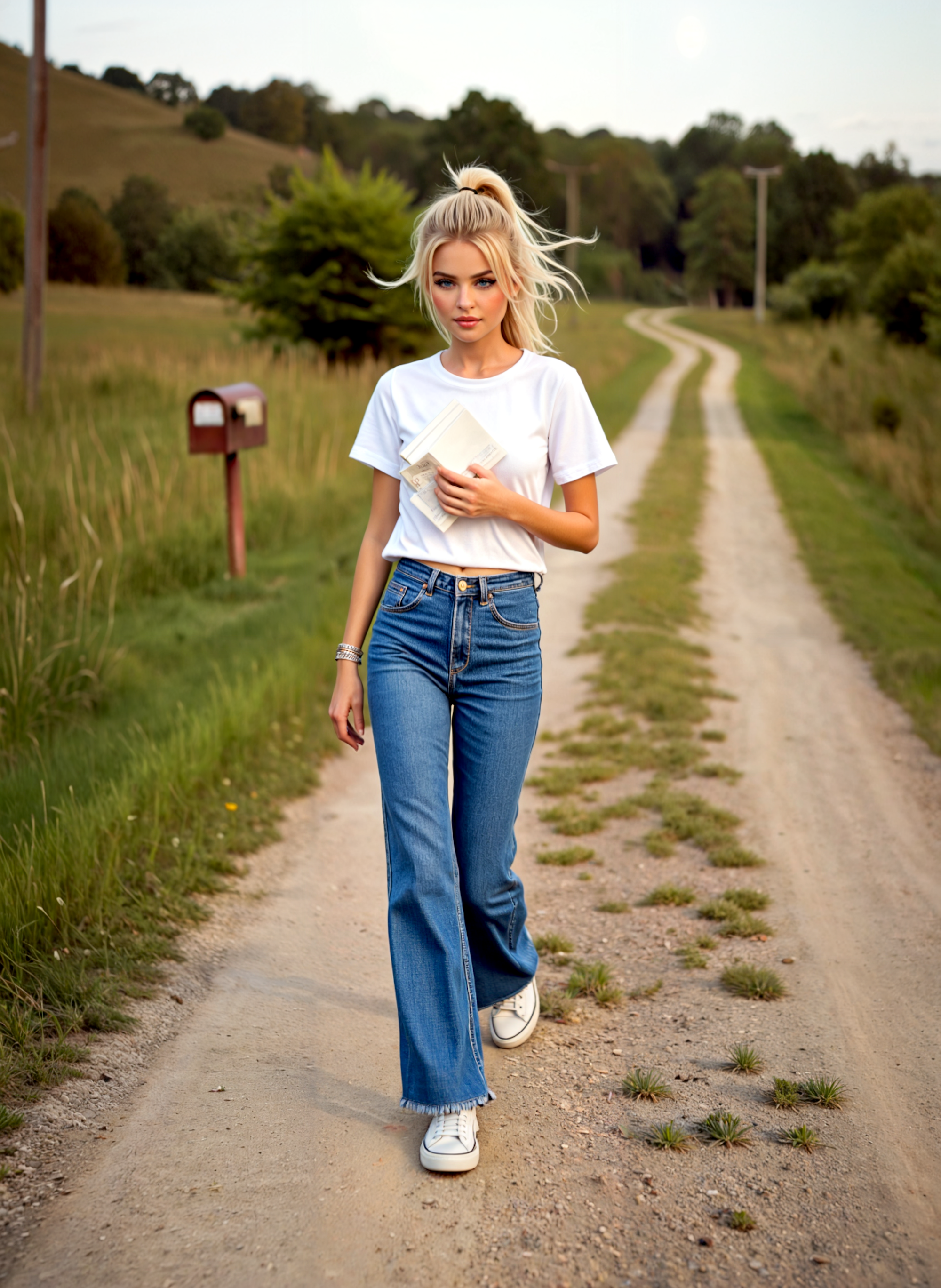 cinematic film still a young woman walking on a dirt road in a rural area. She is wearing a white t-shirt, blue jeans, and white sneakers. Her blonde hair is styled in loose waves and she is holding a book in her hands. The road is lined with grass and there is a red mailbox on the left side. In the background, there are trees and hills. The sky is blue and the overall mood of the image is peaceful and serene. <lora:add-detail-xl:.5>  <lora:Flux-style-xl-lora:.5>